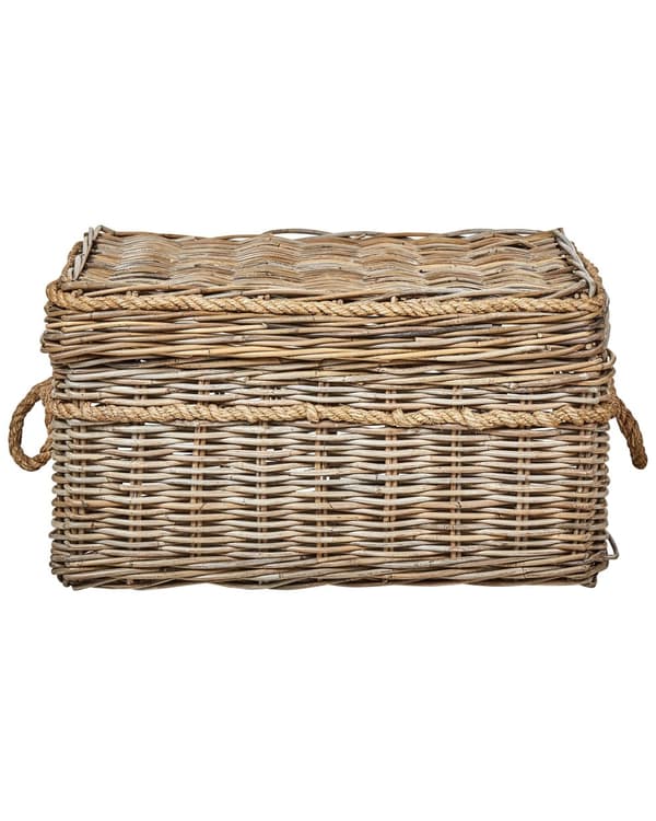 Sett med 3 kurver i naturlig rotting med tauhåndtak og lokk Håndlaget mahogniramme Boho-stil Stue Soverom