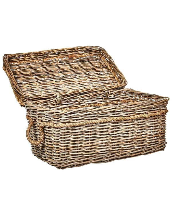 Sett med 3 kurver i naturlig rotting med tauhåndtak og lokk Håndlaget mahogniramme Boho-stil Stue Soverom