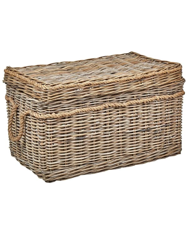 Sett med 3 kurver i naturlig rotting med tauhåndtak og lokk Håndlaget mahogniramme Boho-stil Stue Soverom