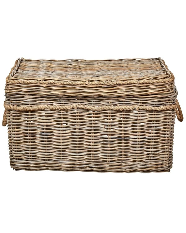Sett med 3 kurver i naturlig rotting med tauhåndtak og lokk Håndlaget mahogniramme Boho-stil Stue Soverom