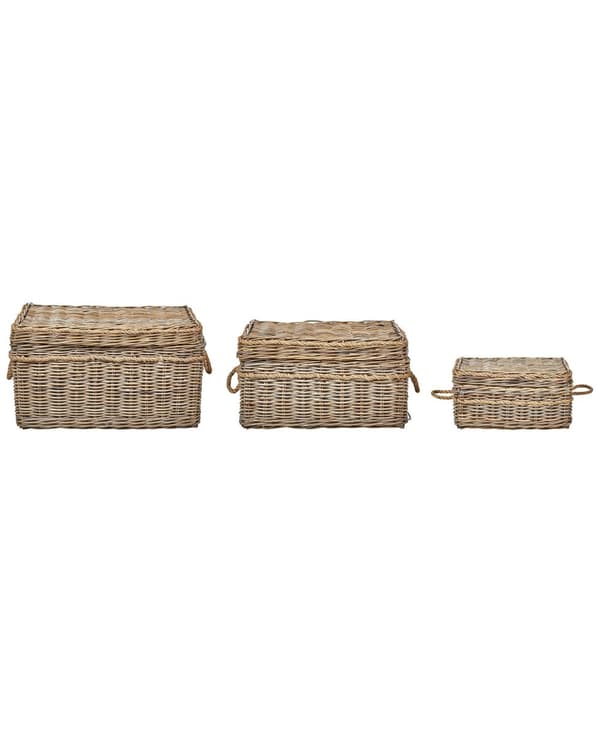 Sett med 3 kurver i naturlig rotting med tauhåndtak og lokk Håndlaget mahogniramme Boho-stil Stue Soverom