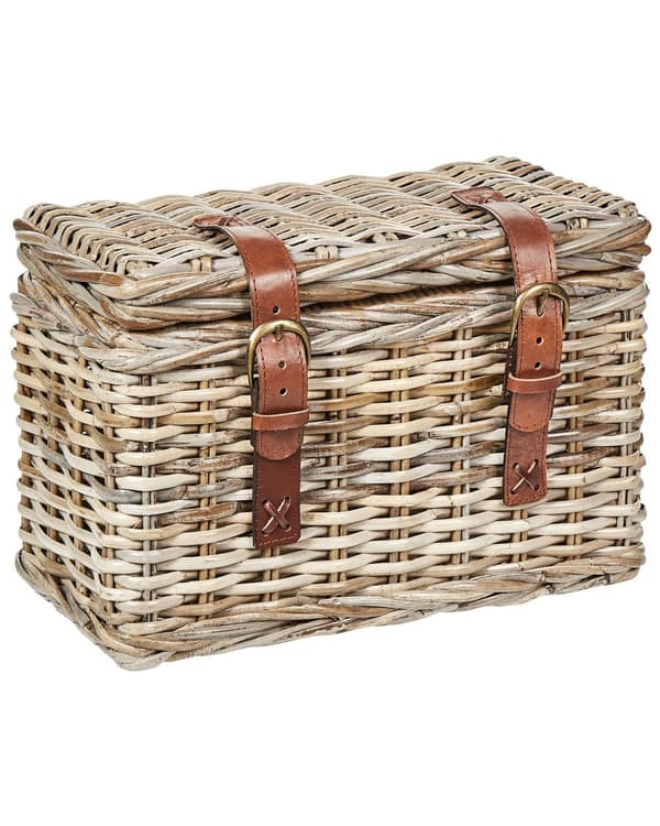 Set med 2 lådor Naturlig rotting med läderbälten och lock Handgjord mahognyram Boho-stil Vardagsrum Sovrum