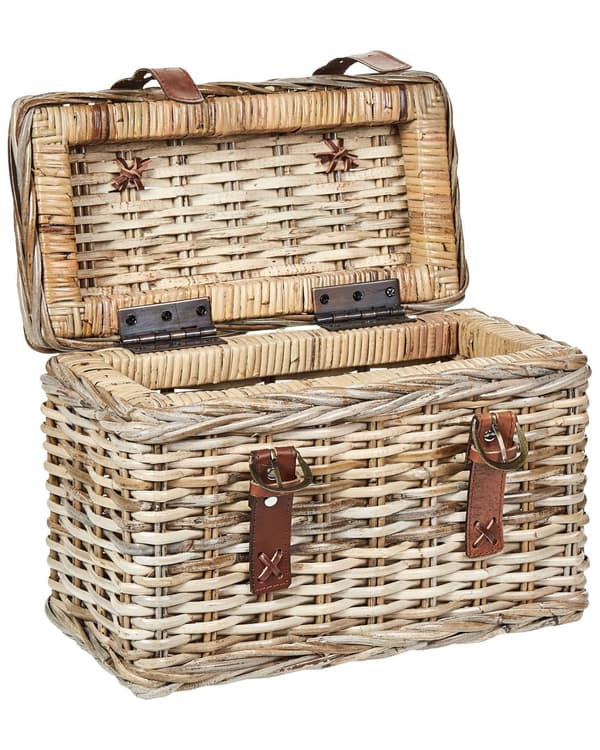 Set med 2 lådor Naturlig rotting med läderbälten och lock Handgjord mahognyram Boho-stil Vardagsrum Sovrum