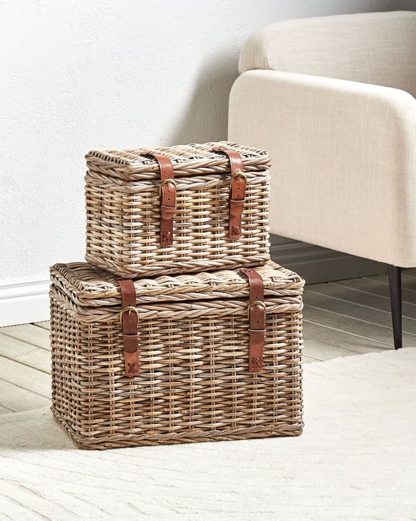 Set med 2 lådor Naturlig rotting med läderbälten och lock Handgjord mahognyram Boho-stil Vardagsrum Sovrum