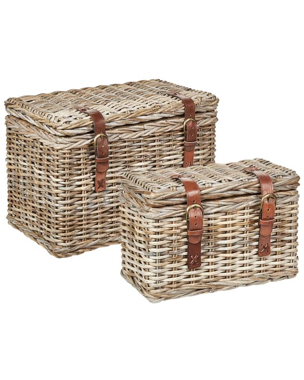 Set med 2 lådor Naturlig rotting med läderbälten och lock Handgjord mahognyram Boho-stil Vardagsrum Sovrum