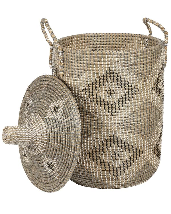 Kori luonnonväri 40 cm meriruoho pyöreä käsintehty geometrinen kuvio kahvat kannella boho