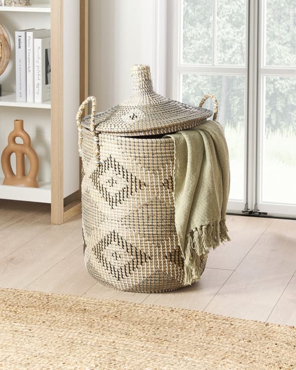 Kori luonnonväri 40 cm meriruoho pyöreä käsintehty geometrinen kuvio kahvat kannella boho
