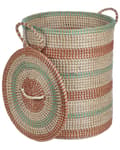 Pikkukuva 4 / 6: Kori luonnonväri 40 cm meriruoho pyöreä kannella kahvoilla raidallinen käsintehty boho