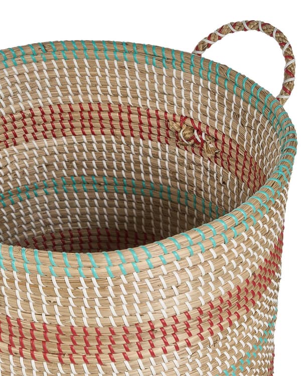 Kori luonnonväri 40 cm meriruoho pyöreä kannella kahvoilla raidallinen käsintehty boho