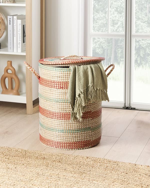 Kori luonnonväri 40 cm meriruoho pyöreä kannella kahvoilla raidallinen käsintehty boho