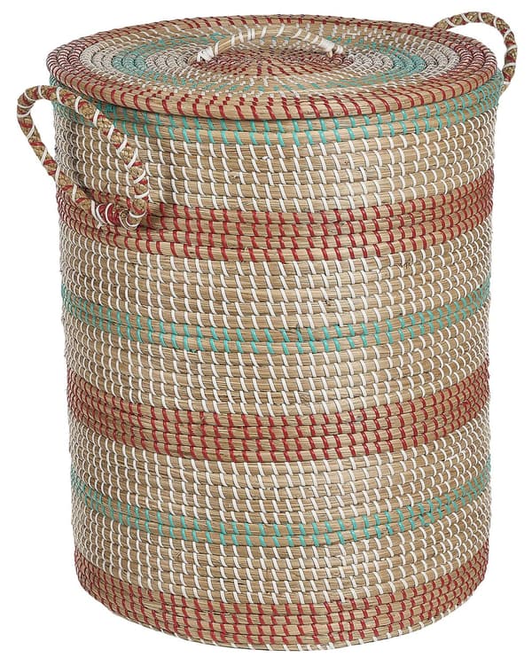 Kori luonnonväri 40 cm meriruoho pyöreä kannella kahvoilla raidallinen käsintehty boho
