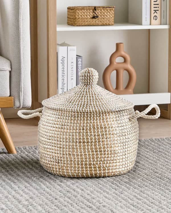 Kurv Naturlig sjøgress med håndtak Lokk Håndvevd Hjemmetilbehør Dekor Oppbevaring Boho Stil
