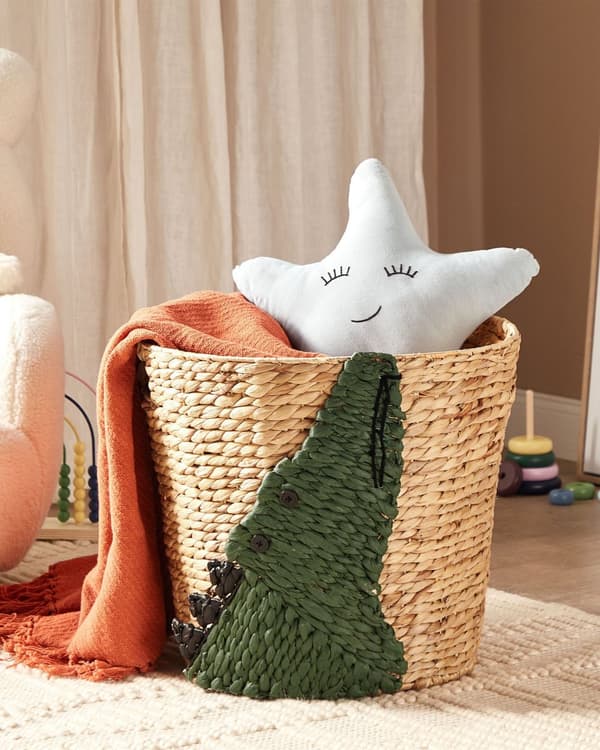 Kurv naturfarve 45 x 45 cm vandhyacint krokodille billede håndlavet med hanke børn boho