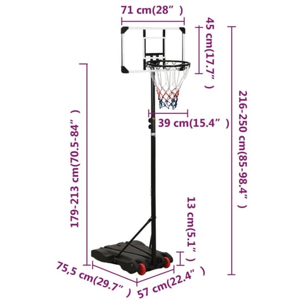 basketballstativ med plade 216-250 cm polycarbonat transparent