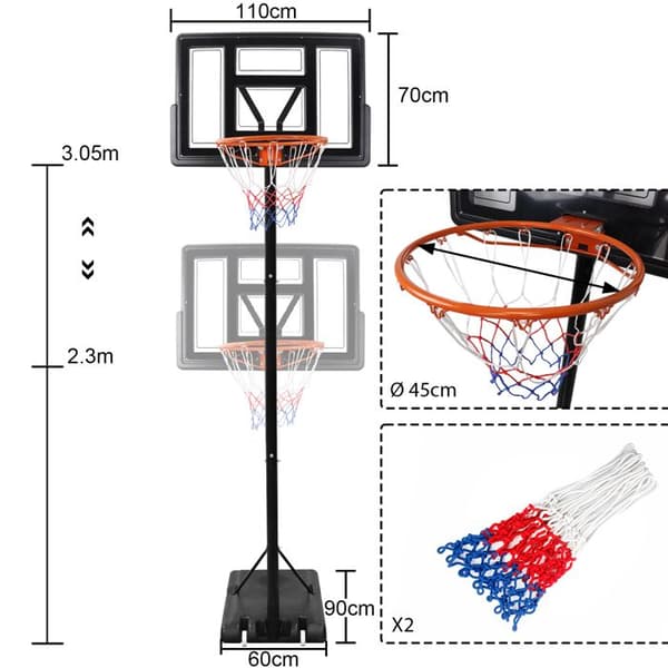 Basketkorg - LZQ - Justerbar 230-305 cm - Legerat stål - Ballastbar bas - Med kula och pump