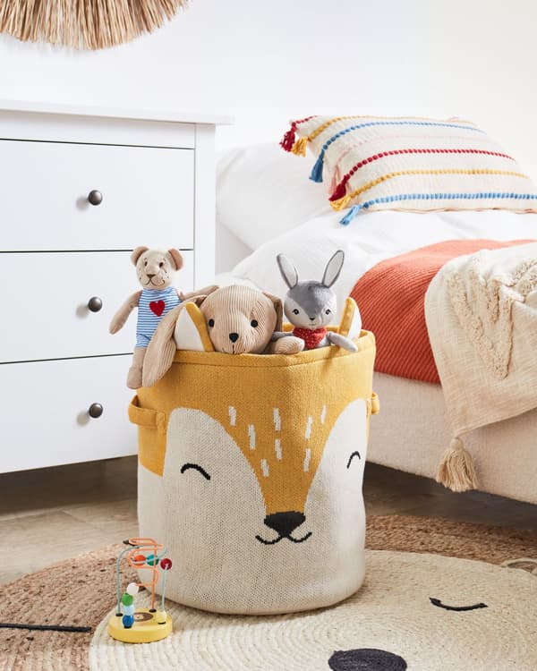 Kurv Beige Orange Bomuld H 40 cm Rund Opbevaringskurv Ræv Design med Hank til Legetøj Børneværelse