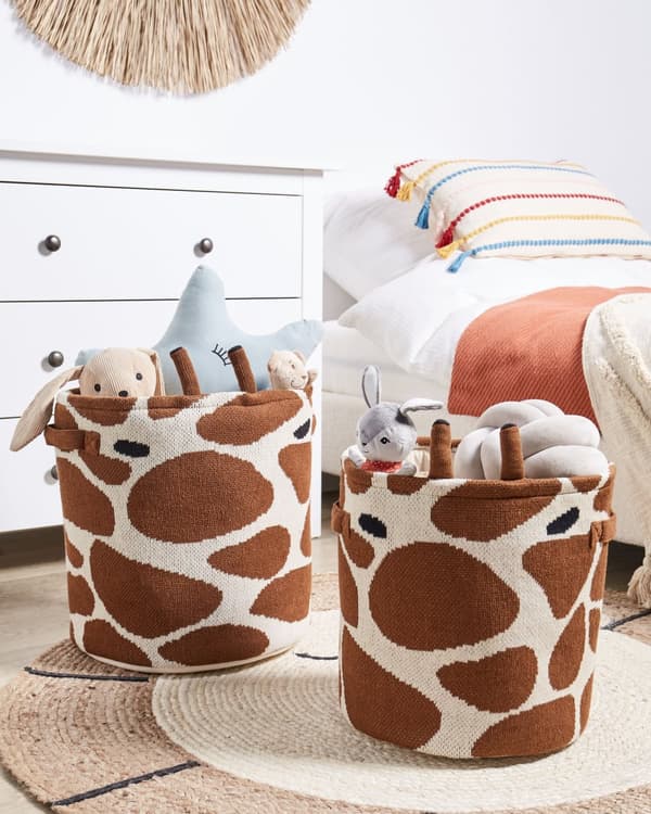 Kurve Beige Brun Bomuld Sæt af 2 Runde Opbevaringskurve med Giraffer Design med Hank til Legetøj Børneværelse