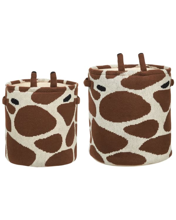 Kurve Beige Brun Bomuld Sæt af 2 Runde Opbevaringskurve med Giraffer Design med Hank til Legetøj Børneværelse