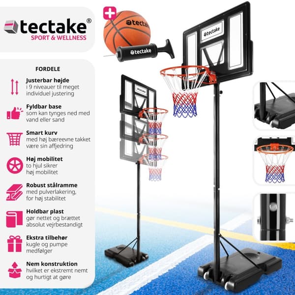 Basketballkurv Dirk, kurvhøjde 230 - 305 cm, med bold & pumpe - sort