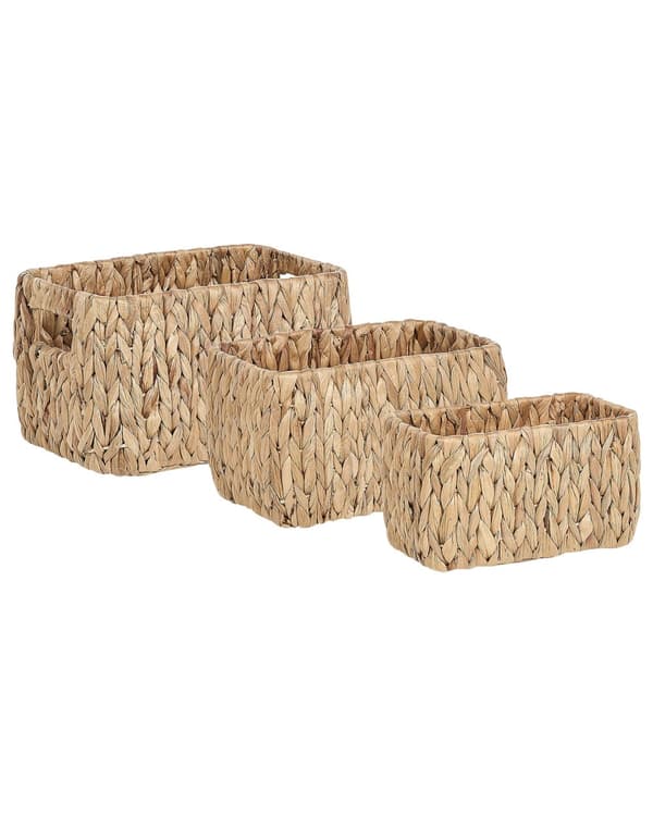 Set om 3 förvaringskorgar Ljus vatten hyacint Handgjord med handtag Hyllbox Boho Design