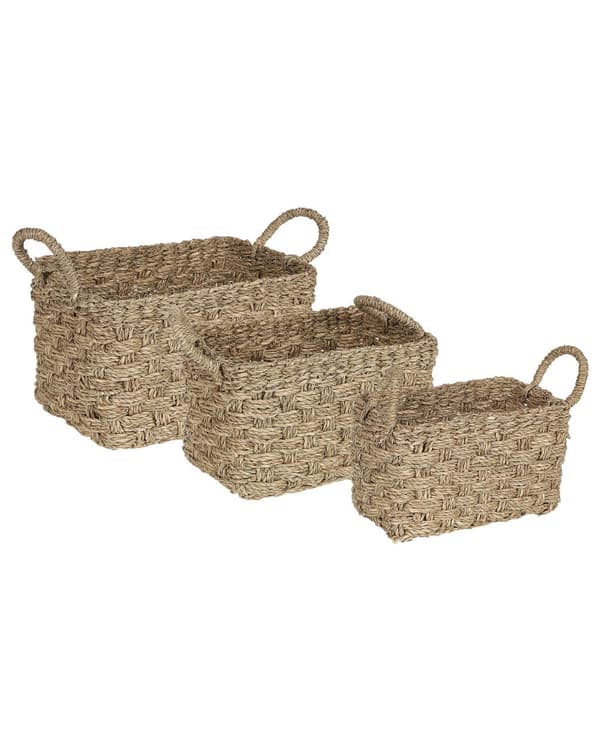 Set med 3 förvaringskorgar Ljus sjögräs Handgjorda med handtag Hyllbox Boho Design
