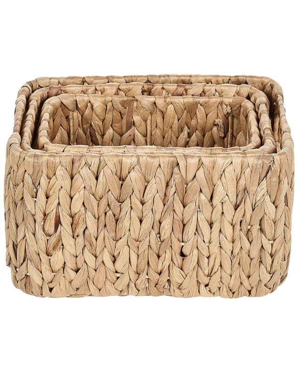 Sett med 3 oppbevaringskurver Lys vannhyasint Håndlaget med håndtak Hyllebokser Boho design