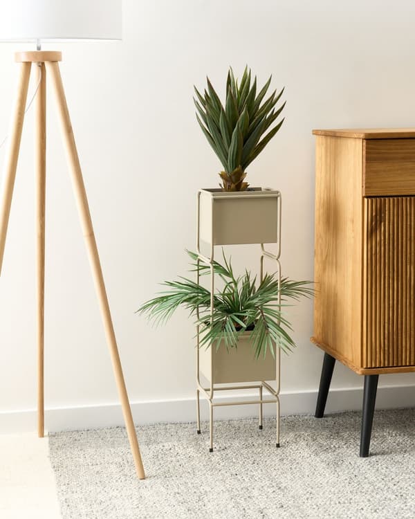 Blomkruka med Växtställ 2-våningar Beige Järn 20 x 20 x 75 cm Inomhus Metall Blomkruka Modern Industriell Stående