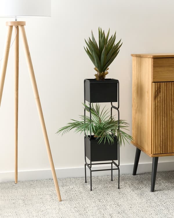 Kukkateline musta rauta 20 x 20 x 75 cm kaksitasoinen neliö sisäkäyttöön kahdella ruukulla moderni tyyli