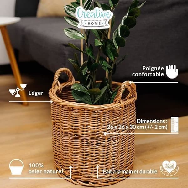 Creative Home Wicker Basket | 26 x 26 x 30 cm (+-- 2 cm) Blomkruka Förvaring | Flätad blomkruka | För frukt eller tvätt
