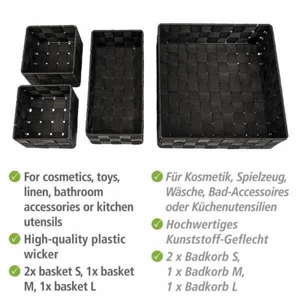 Adria Black Bath Trash, set med 4, dekorativ förvaring och organisation i storlekarna S, M och L för kök, badrum