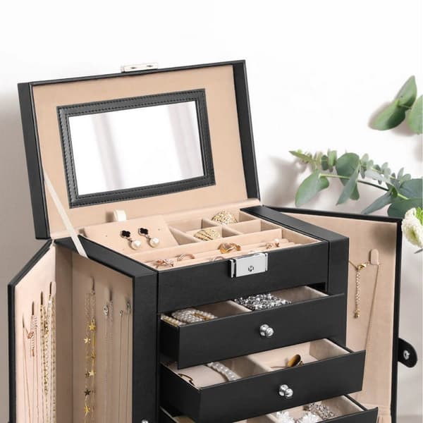 Boîte à bijoux 5 tiroirs, 1 compartiment et 2 rabats avec rangements