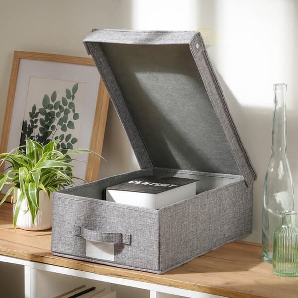 Boîte rangement pliable avec couvercle en tissu effet lin gris - L48 cm