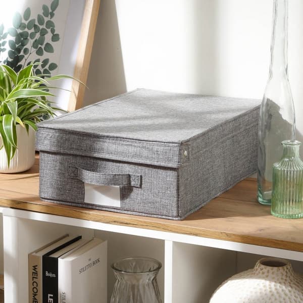 Boîte rangement pliable avec couvercle en tissu effet lin gris - L48 cm
