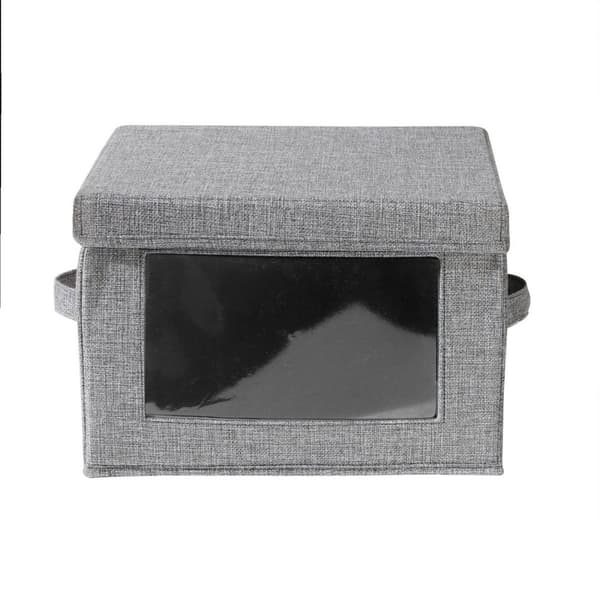Boîte rangement tissu effet lin gris avec fenêtre transparente - L40 cm