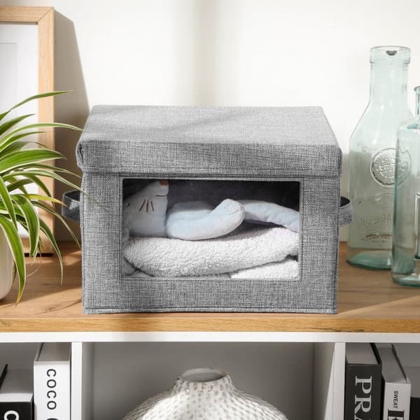Boîte rangement tissu effet lin gris avec fenêtre transparente - L40 cm