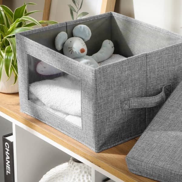 Boîte rangement tissu effet lin gris avec fenêtre transparente - L40 cm