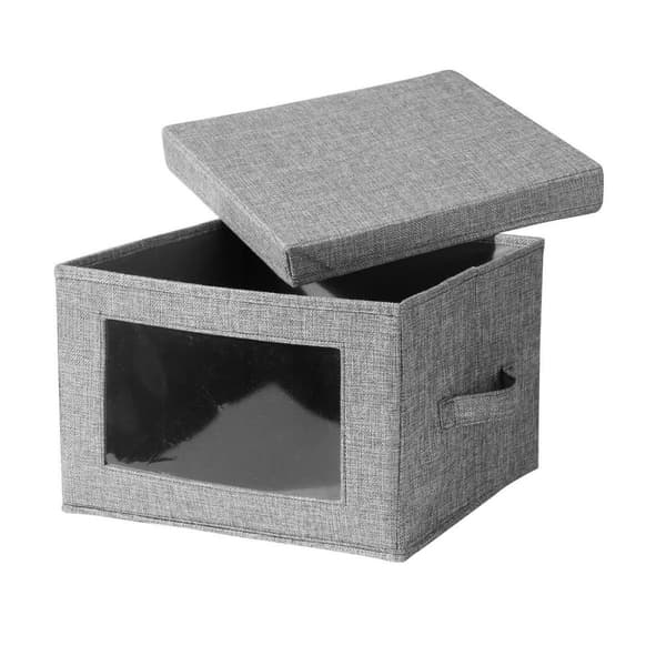 Boîte rangement tissu effet lin gris avec fenêtre transparente - L40 cm