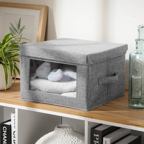 Boîte rangement tissu effet lin gris avec fenêtre transparente - L40 cm