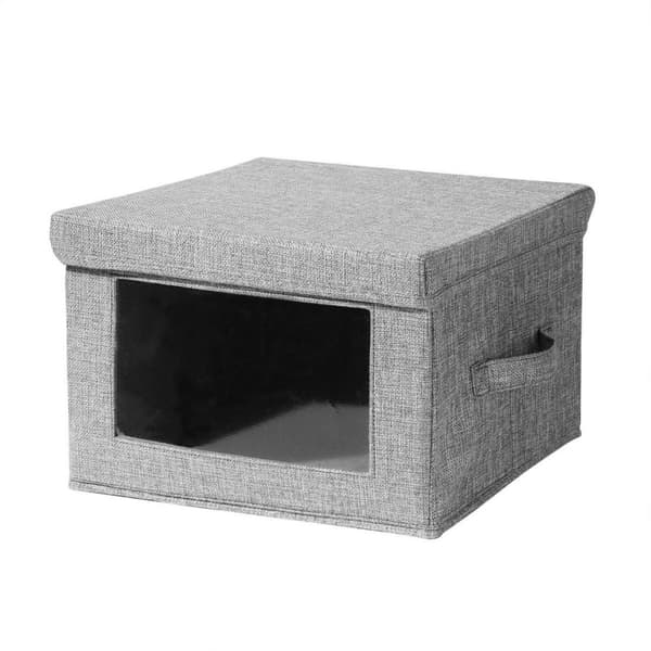 Boîte rangement tissu effet lin gris avec fenêtre transparente - L40 cm