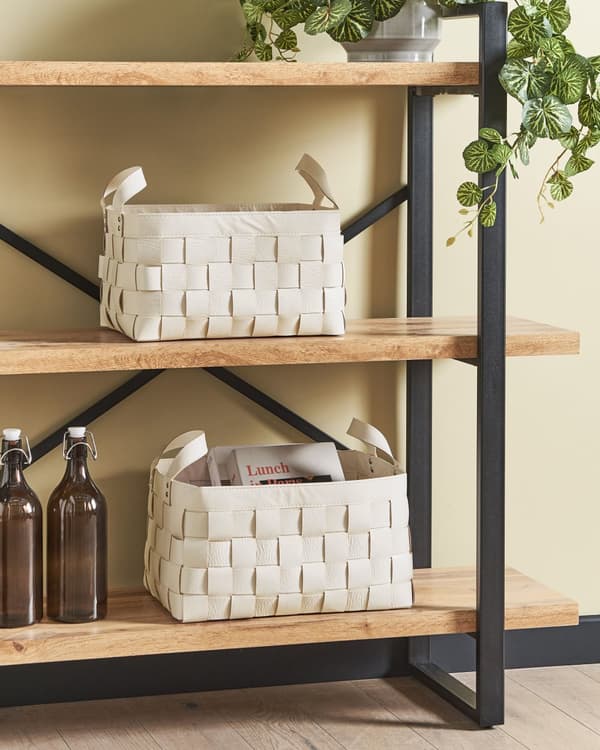 Sett med 2 oppbevaringskurver i beige Kunstskinn Håndlaget Håndtak Hyllebokser Retro design