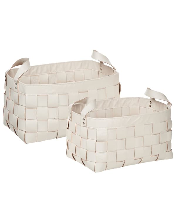 Sett med 2 oppbevaringskurver i beige Kunstskinn Håndlaget Håndtak Hyllebokser Retro design