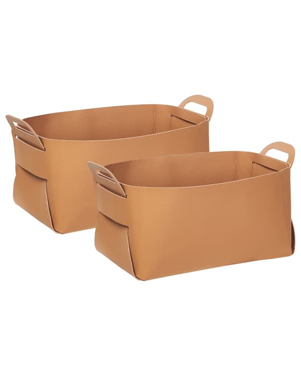 Set om 2 Förvaringskorgar Gyllenbrun Konstläder Handgjorda med Handtag Hylla Låda Retro Design