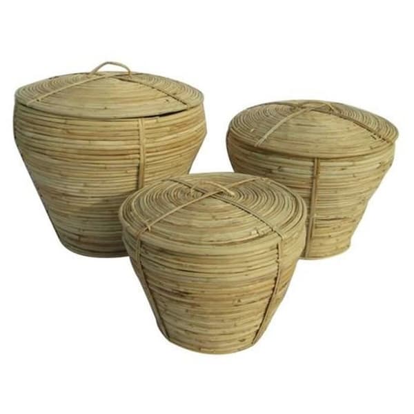 set med korgar med naturligt lock tropisk rotting (3 stycken) (35 x 35 x 30 cm) - Färg: NATURLIG