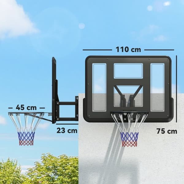 Rootz Wall Montered Basketball Hoop - Tear Resistent Net - Weather Resistant - Holdable - 110x75 cm Shatterproof Backboard - Indendørs udendørs brug