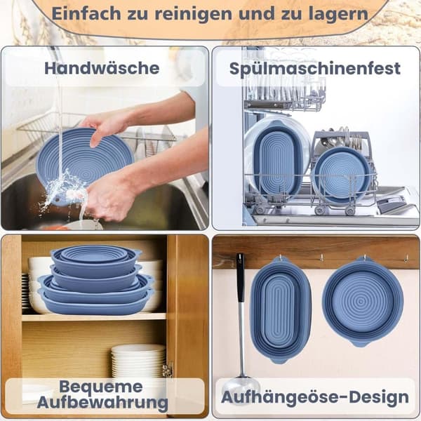 Silikonbrödkorg 2-pack – Fällbar & värmetålig, oval 28 cm & rund 25 cm, för jäsning och bakning