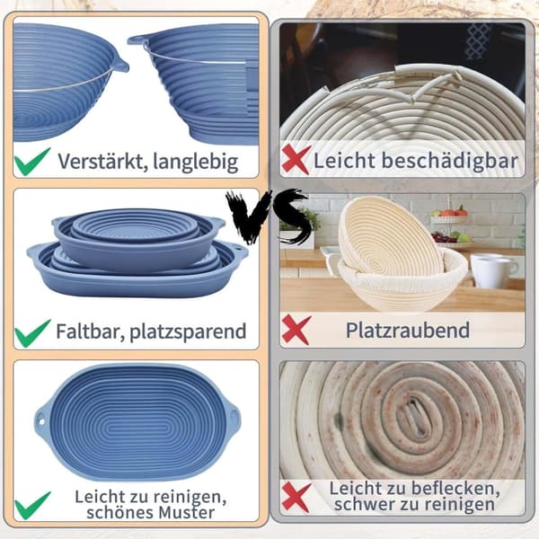 Silikonbrödkorg 2-pack – Fällbar & värmetålig, oval 28 cm & rund 25 cm, för jäsning och bakning