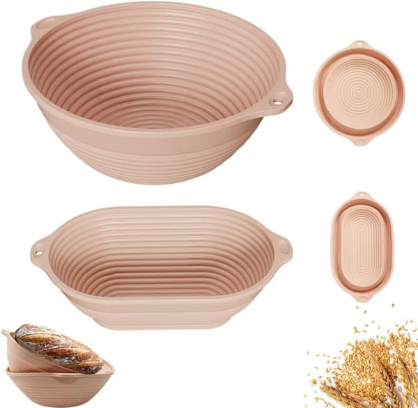 Silikonbrödkorg 2-pack – Fällbar & värmetålig, oval 28 cm & rund 25 cm, för jäsning och bakning