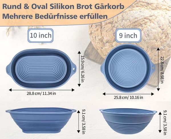 Silikonbrödkorg 2-pack – Fällbar & värmetålig, oval 28 cm & rund 25 cm, för jäsning och bakning