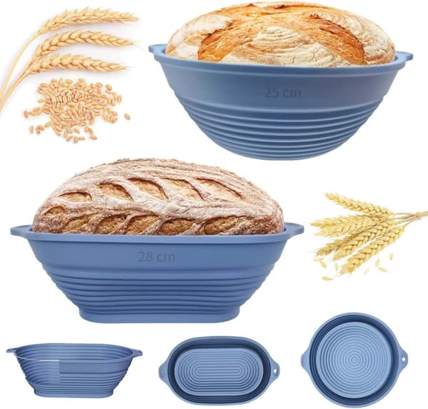 Silikonbrödkorg 2-pack – Fällbar & värmetålig, oval 28 cm & rund 25 cm, för jäsning och bakning