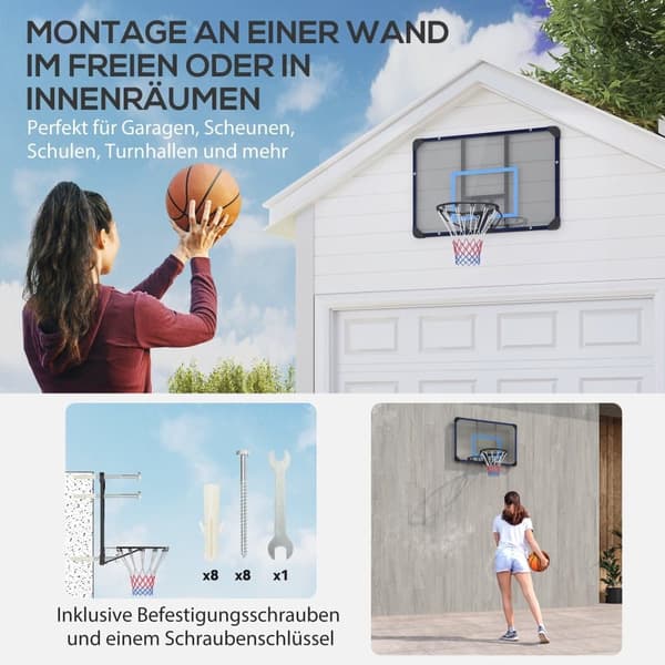Væghængt basketballkurv med bred og mesh, stål, 113x61x73 cm, til udendørs og have